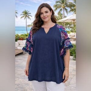 Umgee Linen Blend Boho Tunic Top XL Navy Floral Ruffle Fringe Sleeve Blouse
